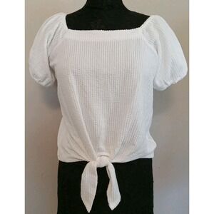 Loft Women White Rib Texture Elastic Neck‎ Front Tie Puff Sleeve Top Size Small